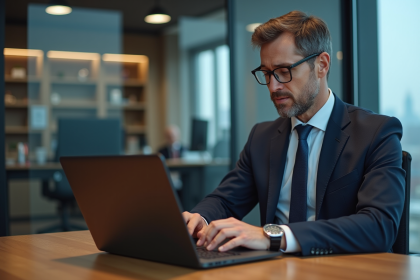 Homme d'affaires en costume bleu analysant des graphiques crypto