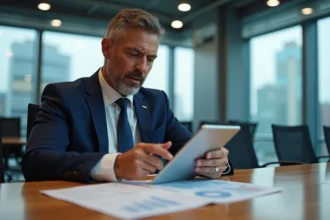 Homme d'affaires en costume bleu examine des rapports financiers