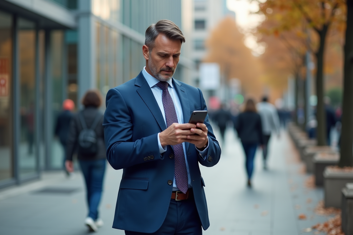 Homme d affaires en costume bleu regardant son smartphone en ville