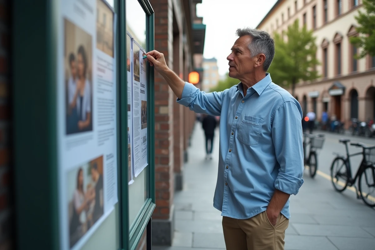 Homme accrochant une affiche dans un espace urbain animé