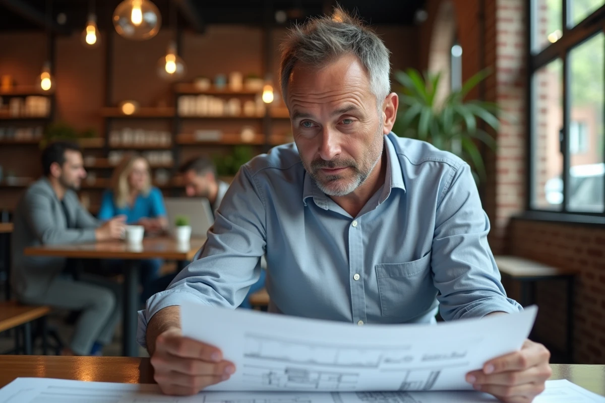 Homme d affaires examinant plans dans un espace coworking