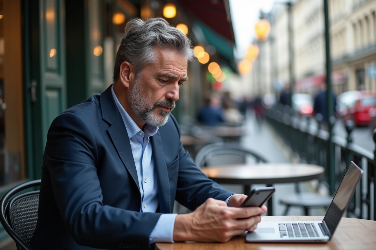 Homme en costume connecté dans un café parisien