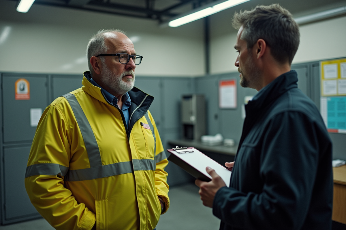 Homme en veste haute visibilité discutant avec un représentant syndical