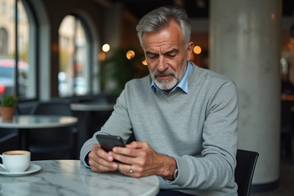 Homme consultant son application d'épargne salariale sur smartphone dans un café urbain