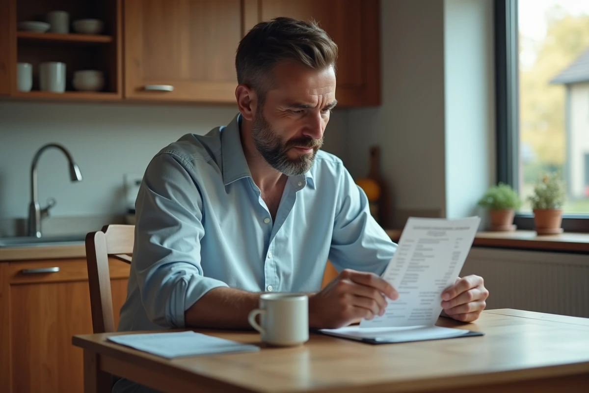 Homme à la maison tenant une fiche de paie et une horloge