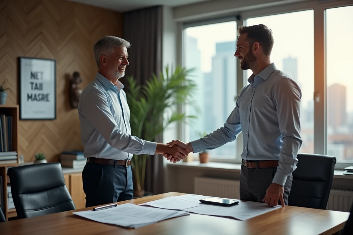 Homme d'une quarantaine d'années serrant la main d'un conseiller emploi lors d'un rendez-vous de reconversion professionnelle