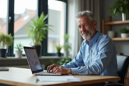 Homme d'âge moyen travaillant sur ses investissements à domicile