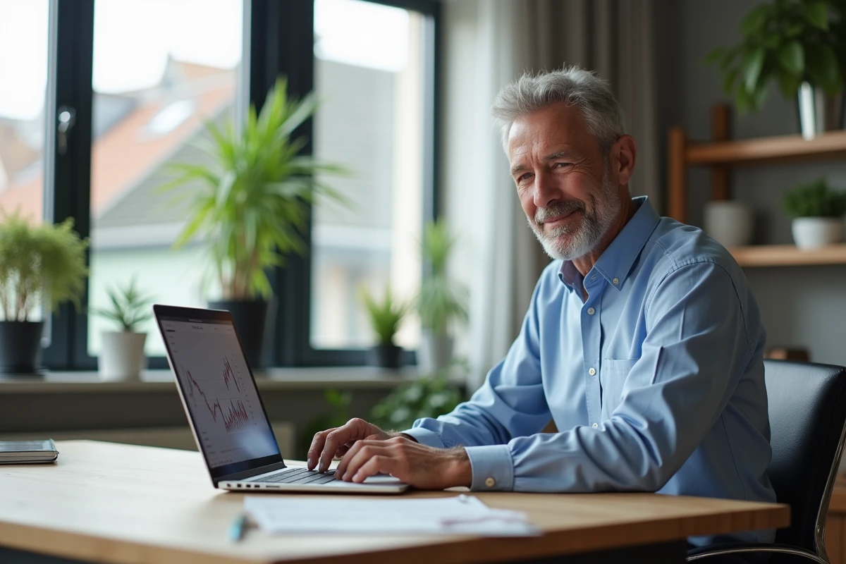 Homme d'âge moyen travaillant sur ses investissements à domicile
