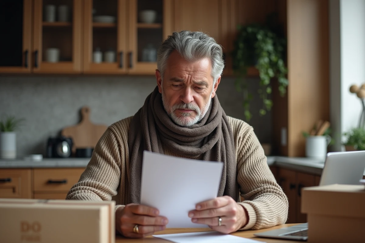 Homme lisant une lettre de suivi de livraison à la maison