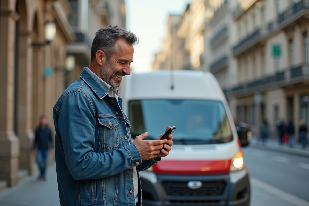 Homme souriant vérifiant son colis dans la rue