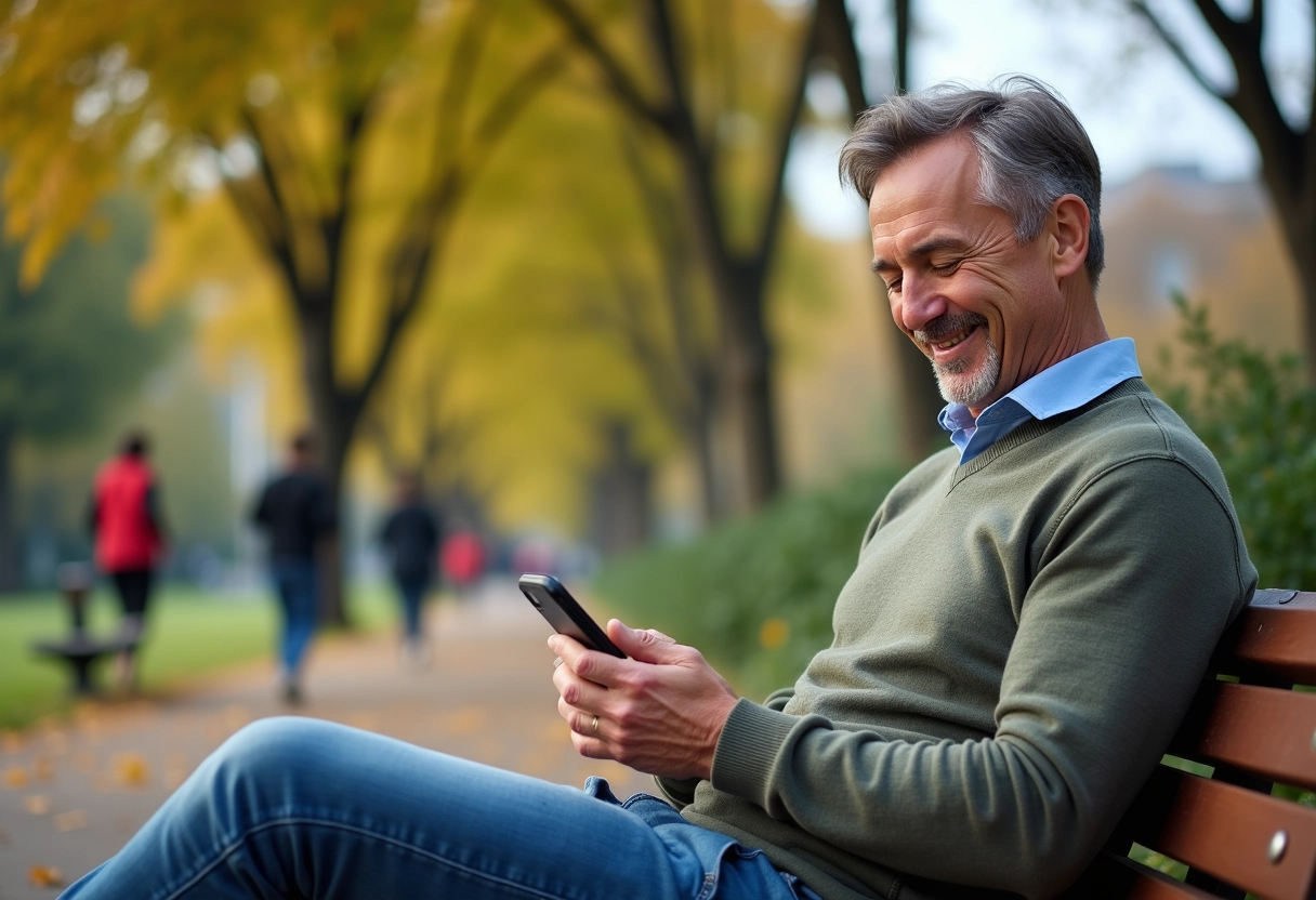Homme détendu dans un parc utilisant son smartphone pour écrire un email