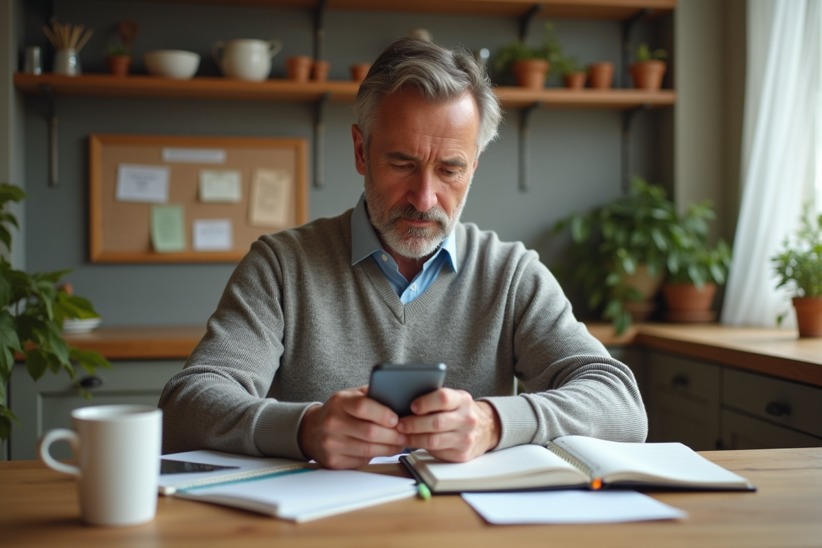 Homme transférant des rendez-vous dans un planner dans la cuisine