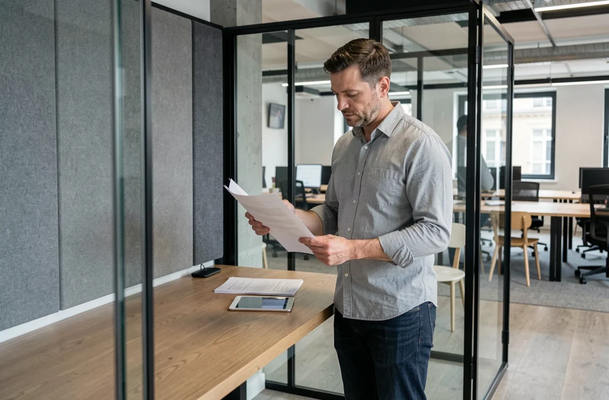 Homme d'affaires dans un pod privatif d'un espace de coworking à Limoges avec vue sur l'open space