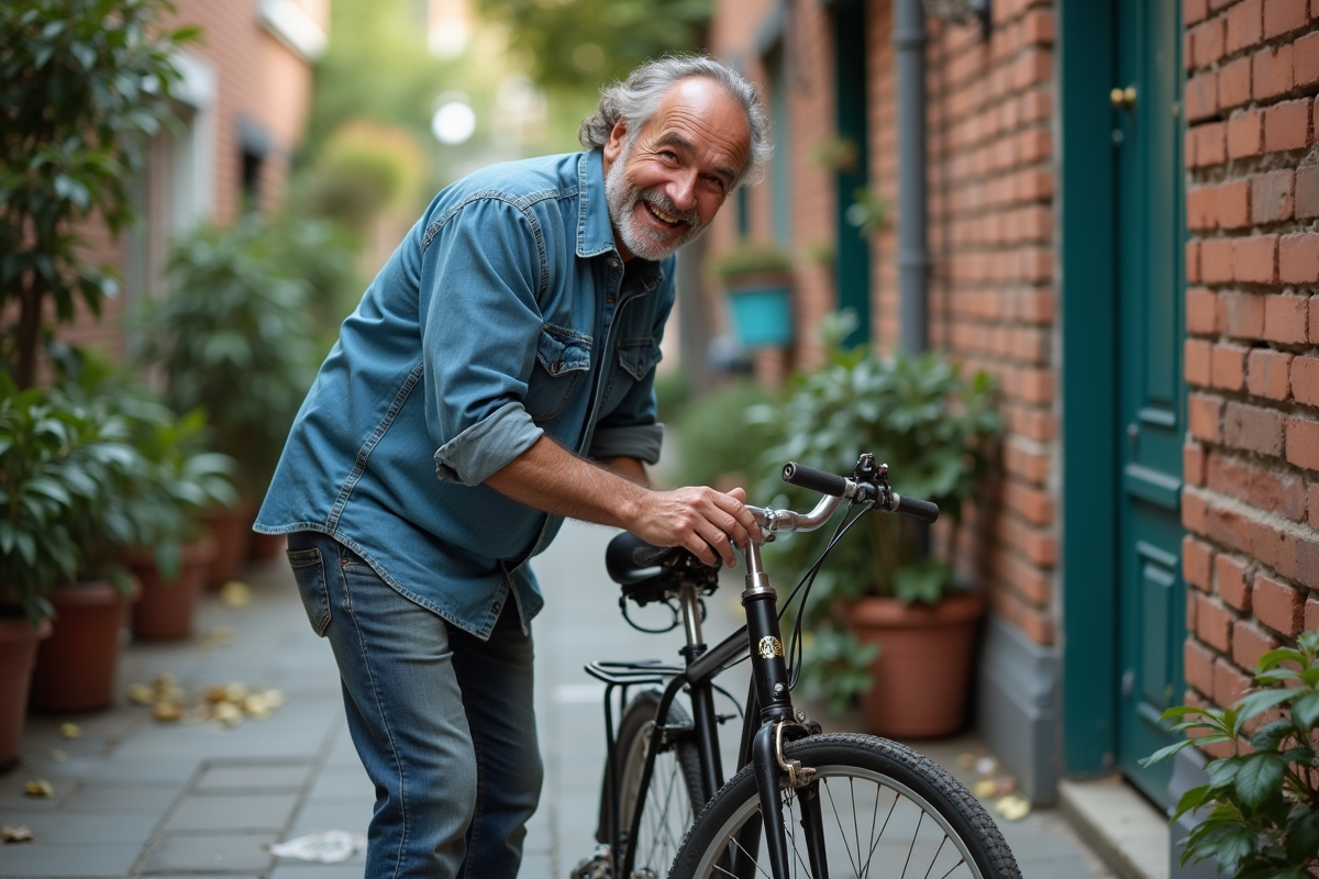 Homme réparant un vélo dans une cour urbaine