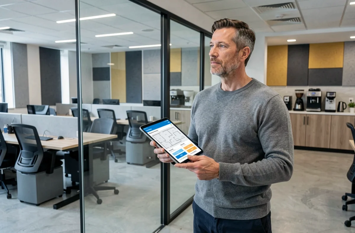 Homme consultant une plateforme de réservation de bureau sur tablette dans un espace de coworking contemporain en open space