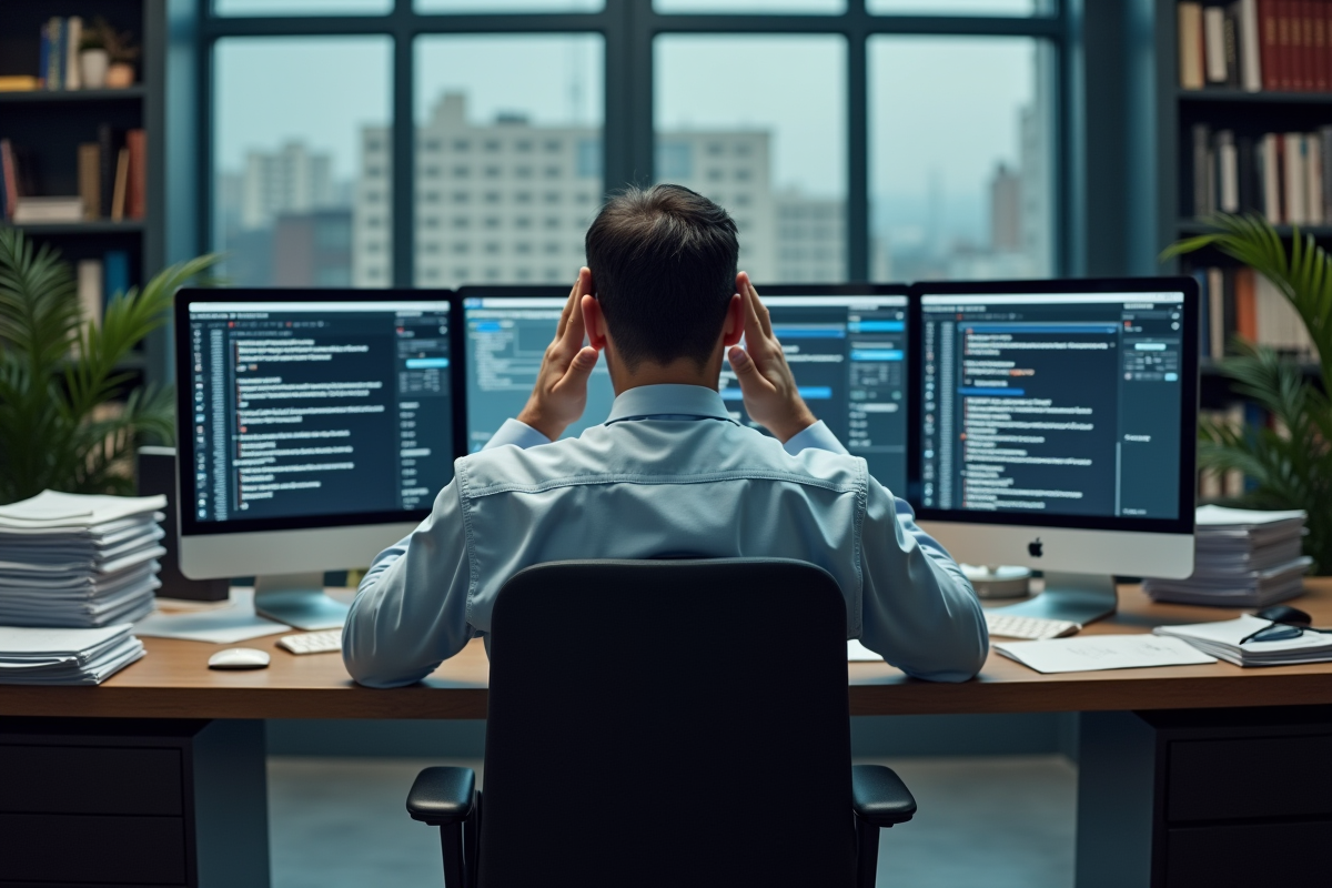 Homme d'âge moyen stressé face à des écrans d'ordinateur