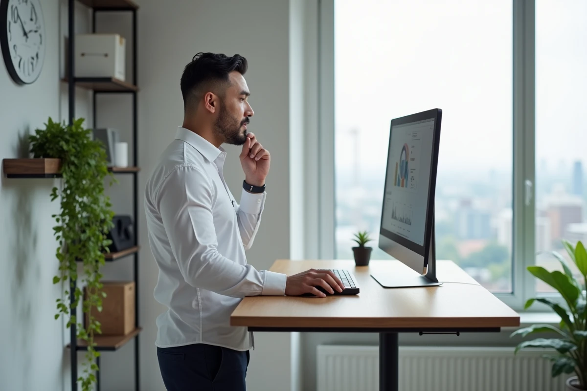 Homme en télétravail utilisant une plateforme business en ligne pour développer sa carrière depuis un bureau à domicile épuré