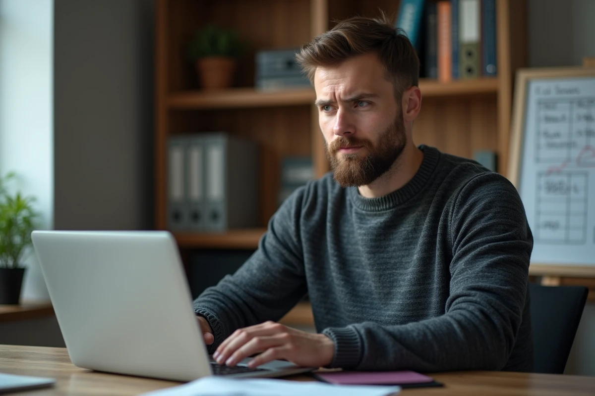 Homme en télétravail calculant son temps de travail réel sur un tableur numérique