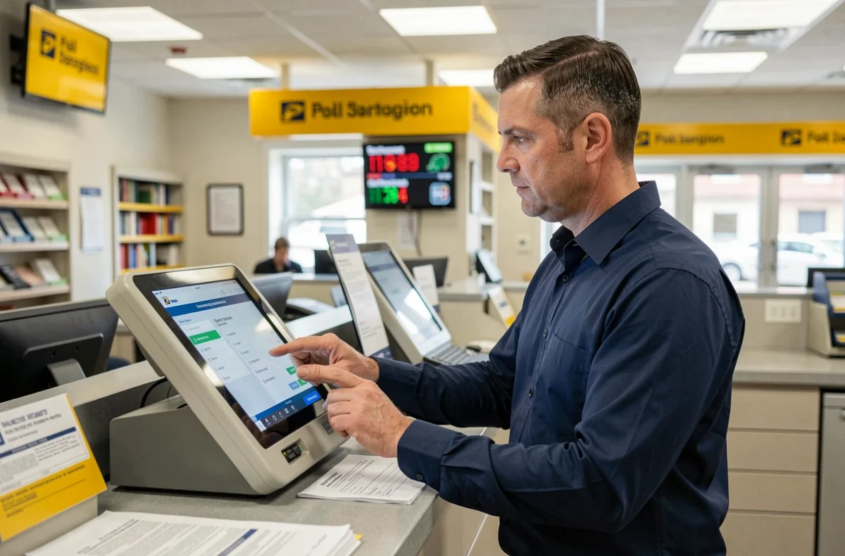 Homme utilisant un terminal numérique dans un bureau de poste pour accéder au portail en ligne