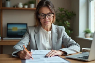 Femme examinant un relevé bancaire imprimé pour identifier l'origine d'un paiement NATIO FLERS EN ESCRE