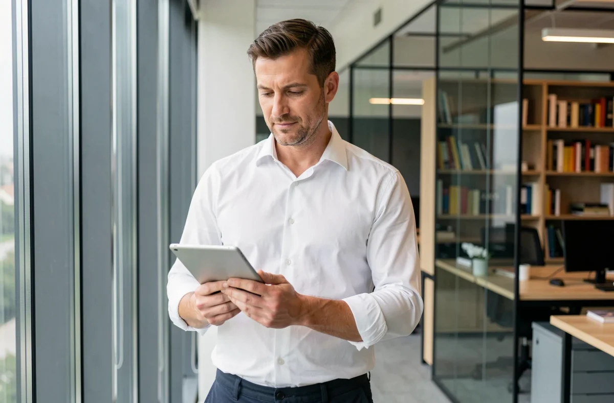 Consultant indépendant en portage salarial consultant une proposition commerciale sur tablette dans un bureau professionnel au Mans