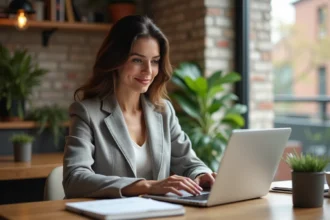 Indépendante travaillant sur son ordinateur portable dans un bureau à domicile moderne pour trouver des clients B2B en ligne