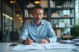 Ingénieur homme en bureau moderne examine documents techniques
