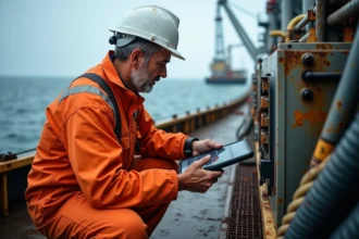 Ingénieur offshore inspectant un module de contrôle sous-marin sur le pont d'un navire de forage en eau profonde