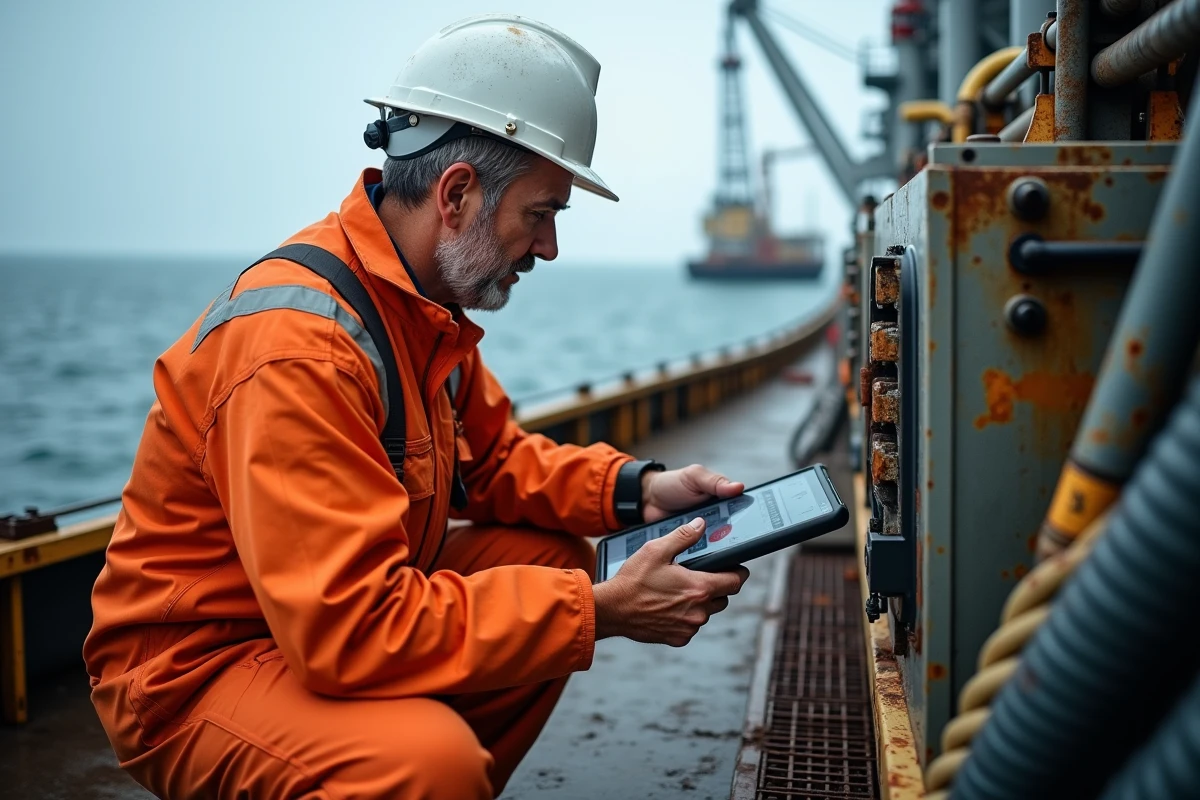 Ingénieur offshore inspectant un module de contrôle sous-marin sur le pont d'un navire de forage en eau profonde