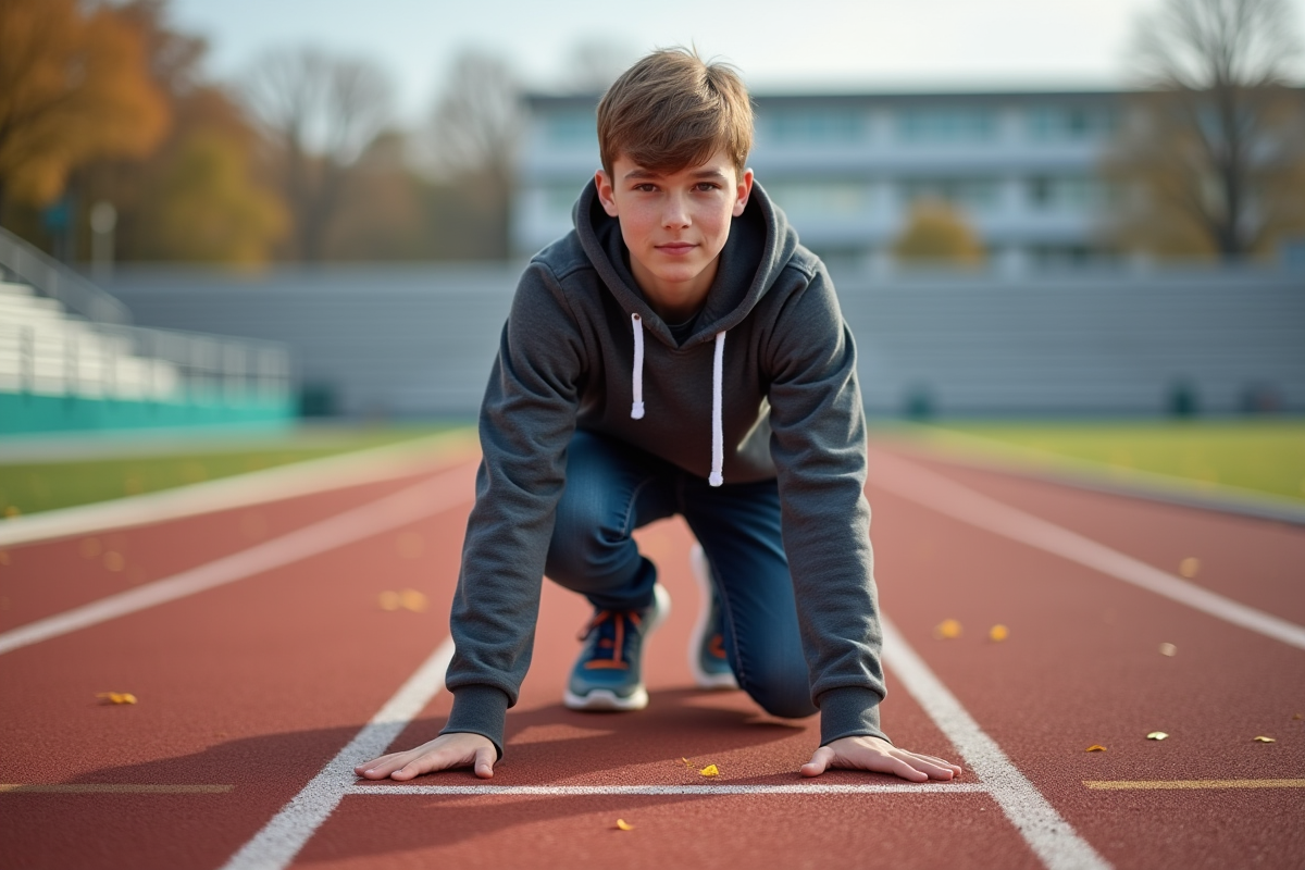 Adolescent prêt à sprinter sur la piste d