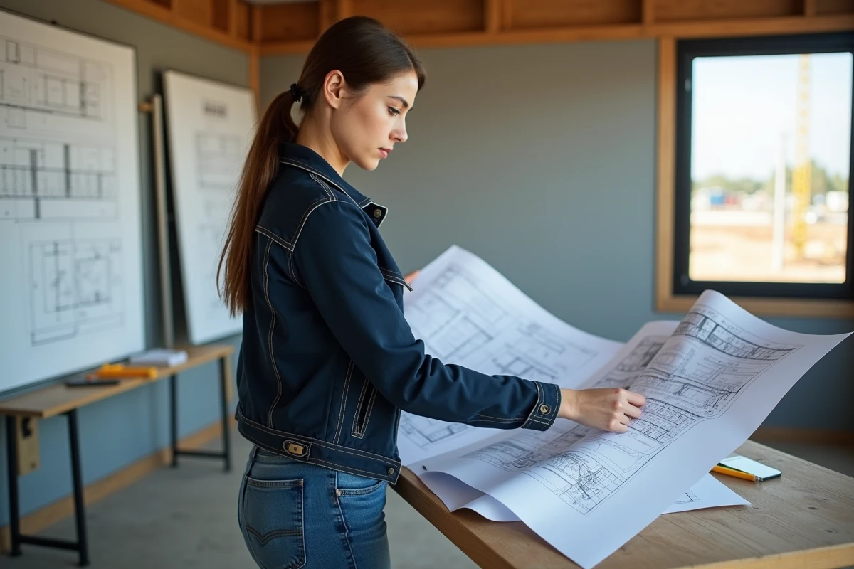 Jeune ingénieure avec plans dans bureau de chantier