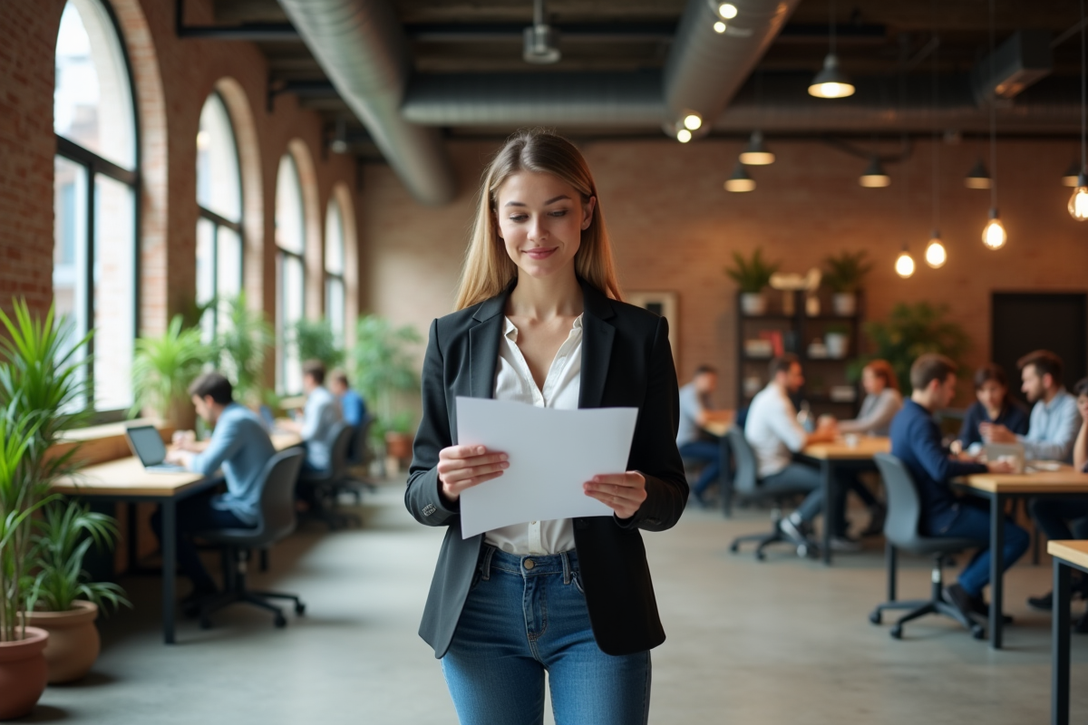 Jeune entrepreneure dans un espace coworking dynamique
