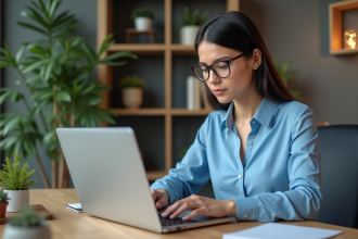 Jeune femme professionnelle travaillant sur un ordinateur dans un bureau moderne
