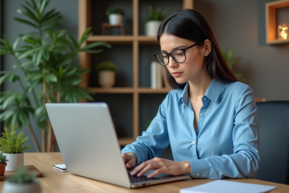 Jeune femme professionnelle travaillant sur un ordinateur dans un bureau moderne