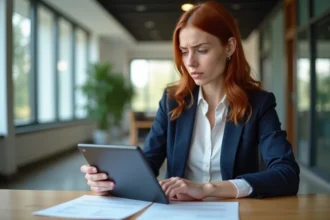 Jeune femme au bureau vérifiant une fiche de paie