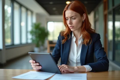 Jeune femme au bureau vérifiant une fiche de paie
