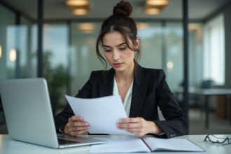 Jeune femme en blazer dans un bureau moderne en train de lire un document