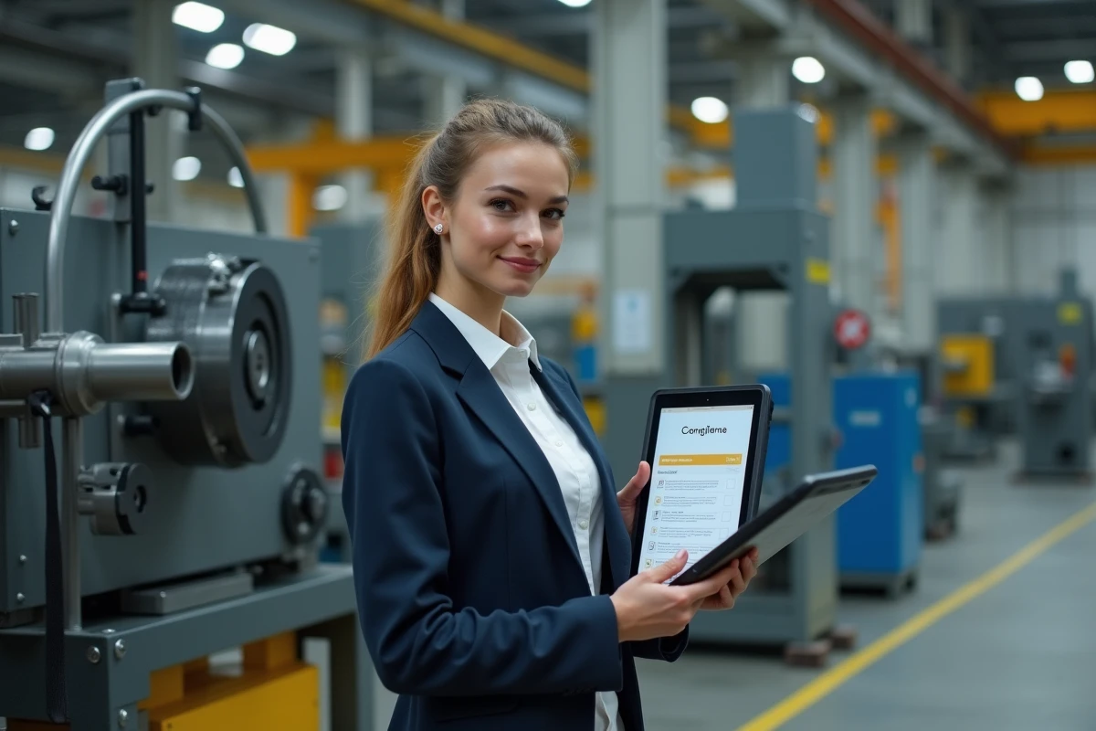 Jeune femme gestionnaire contrôle machine dans usine industrielle