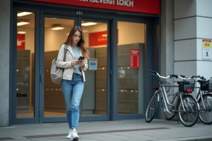 Jeune femme vérifiant son téléphone devant un point relais