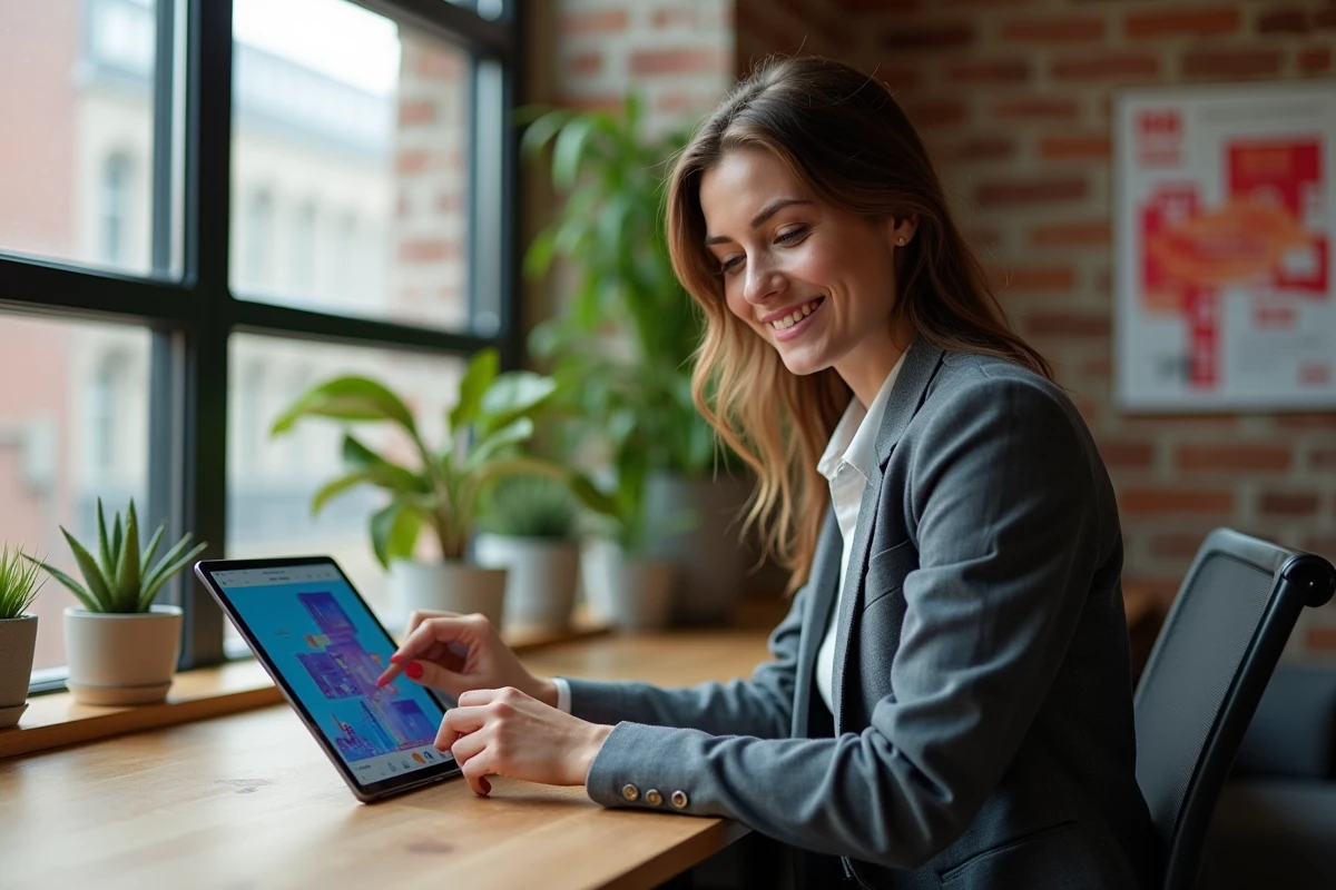 Jeune femme professionnelle créant une affiche publicitaire