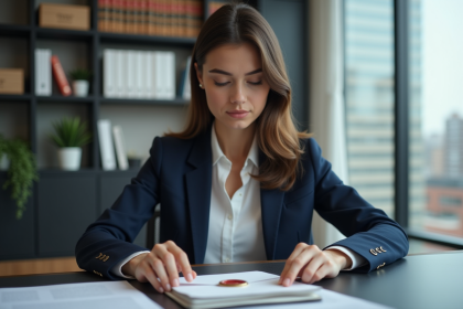 Jeune femme en blazer lisant des documents dans un bureau moderne