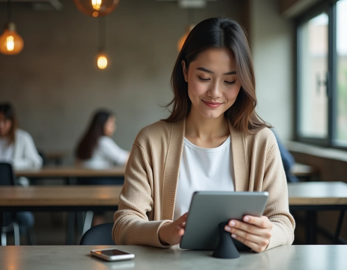 Jeune femme consultant ses fiches de paie dématérialisées sur tablette dans un espace de coworking