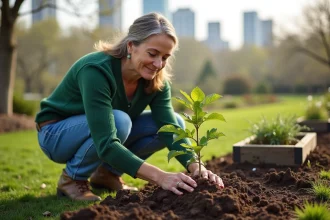 Femme plantant un jeune arbre dans un jardin communautaire
