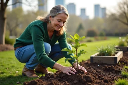 Femme plantant un jeune arbre dans un jardin communautaire