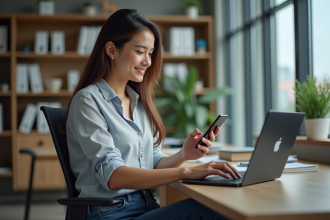 Jeune femme en bureau gérant réseaux sociaux sur laptop