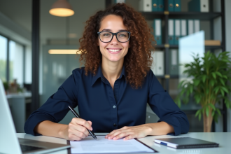 Jeune femme signant un contrat de travail dans un bureau moderne