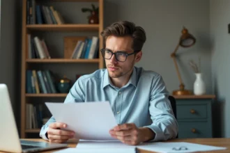 Jeune homme au bureau lisant des documents avec concentration
