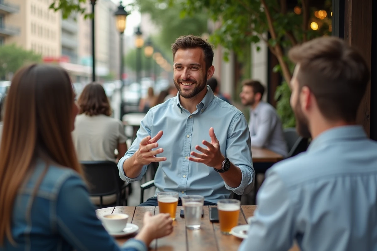 Jeune homme collaborant dans un café en plein air