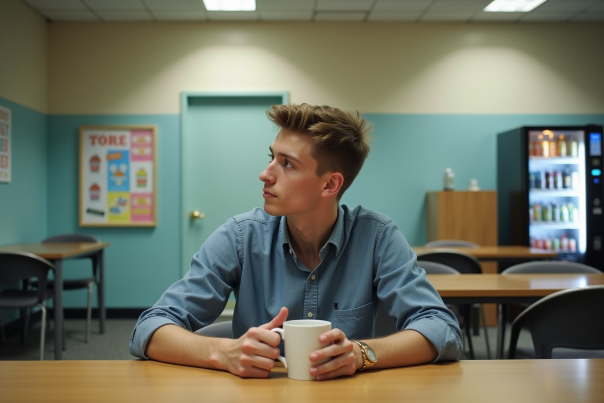 Jeune homme pensif dans la salle de pause