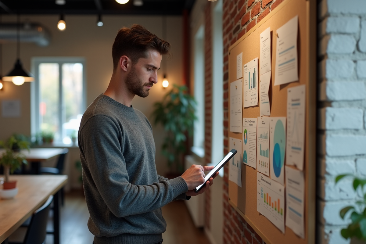 Jeune homme analysant une campagne sur une tablette dans un espace de travail